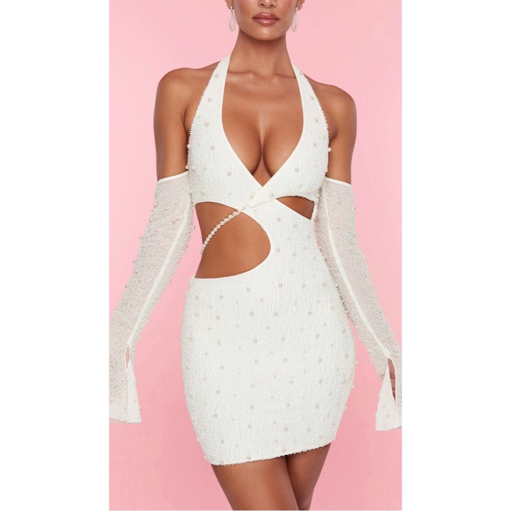 Oh Polly Marseilles Embellished Cold Shoulder Cut Out Mini Dress in White Size 6